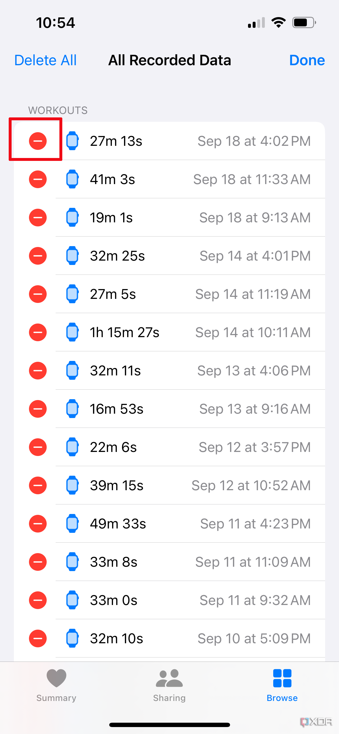 Apple Health app showing all recorded data and a red circle with a white line showing beside each entry