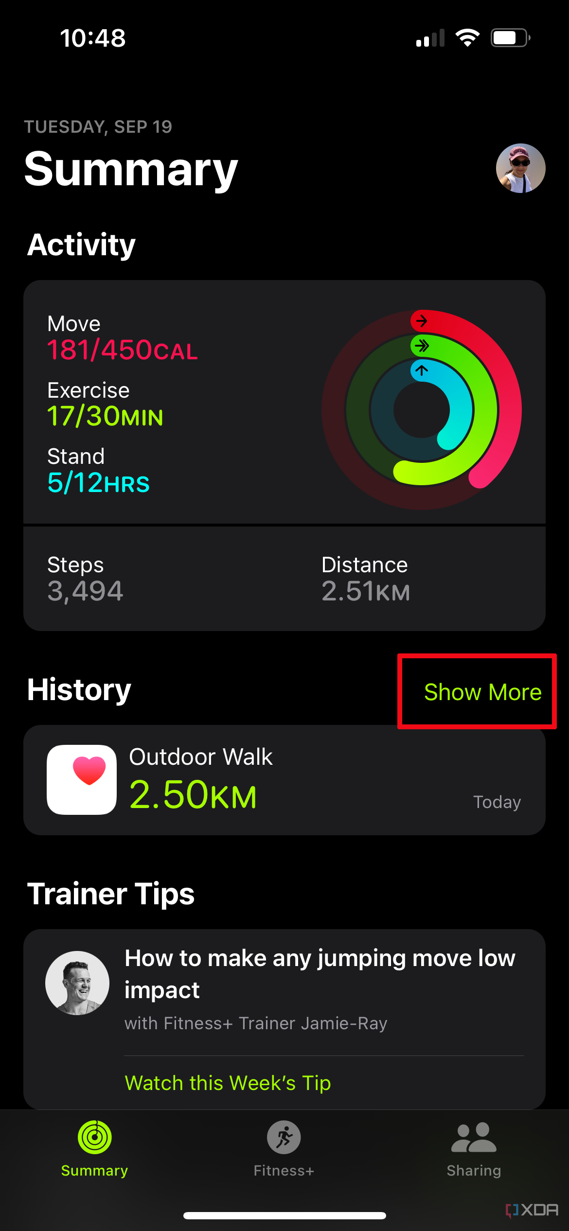 Apple Fitness app with the Summary page showing.
