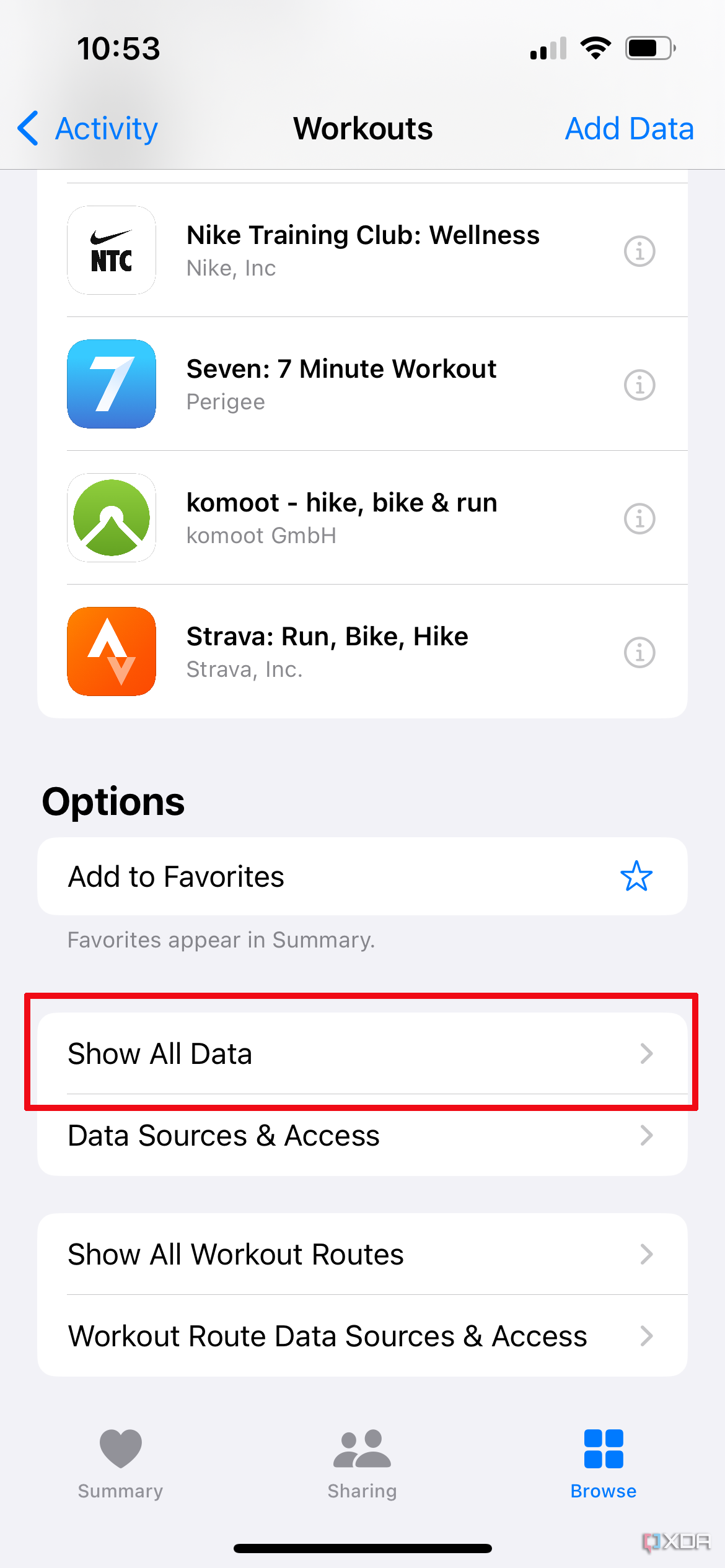 Apple Health app showing Workouts and show all data selected