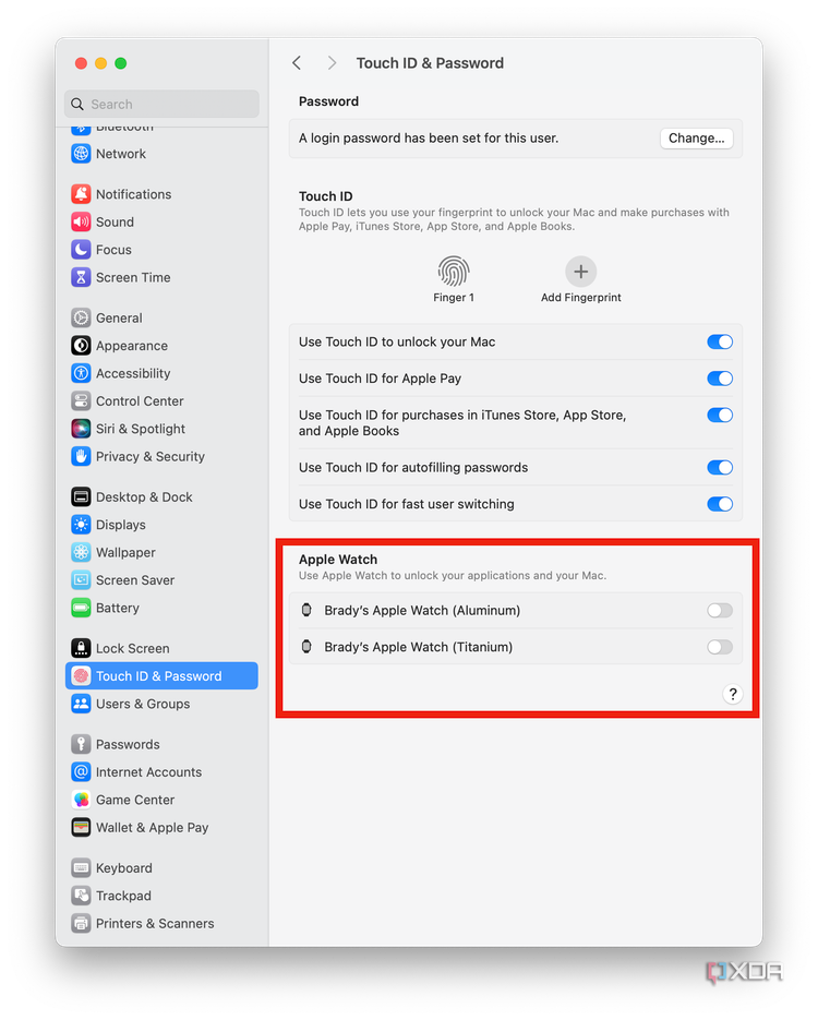 Apple Watch unlock settings in macOS Sonoma.