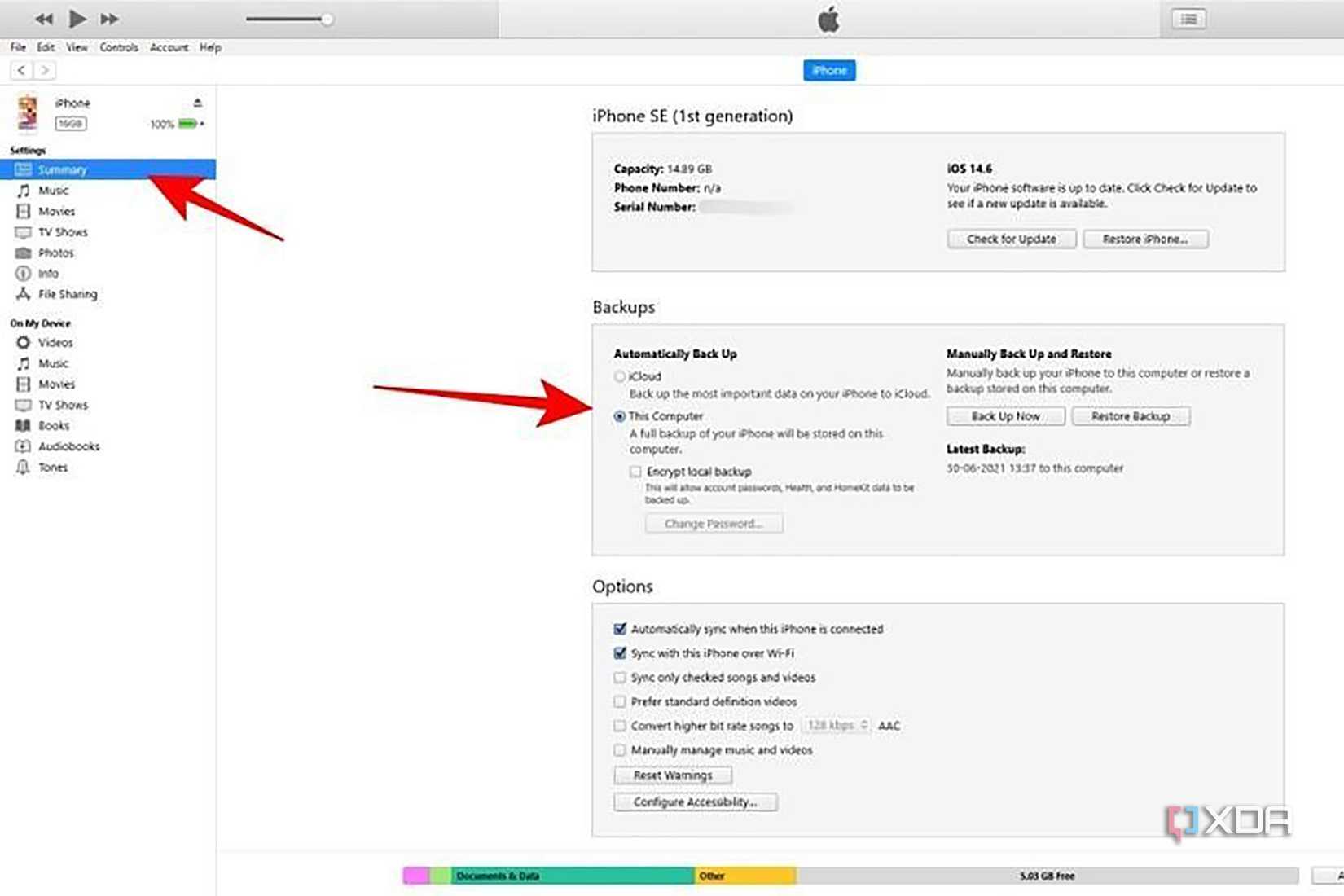 iTunes on a Mac showing backup options for a connected phone.