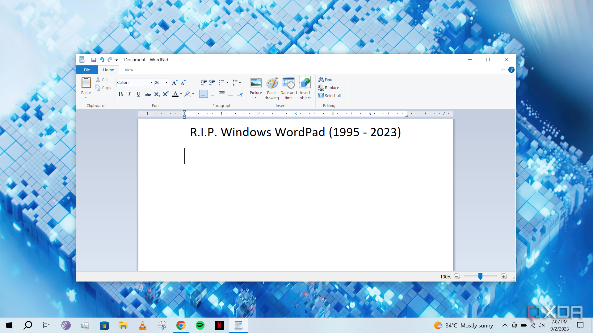 WordPad open in Windows 10 with R.I.P. Windows WordPad (1995-2023) written