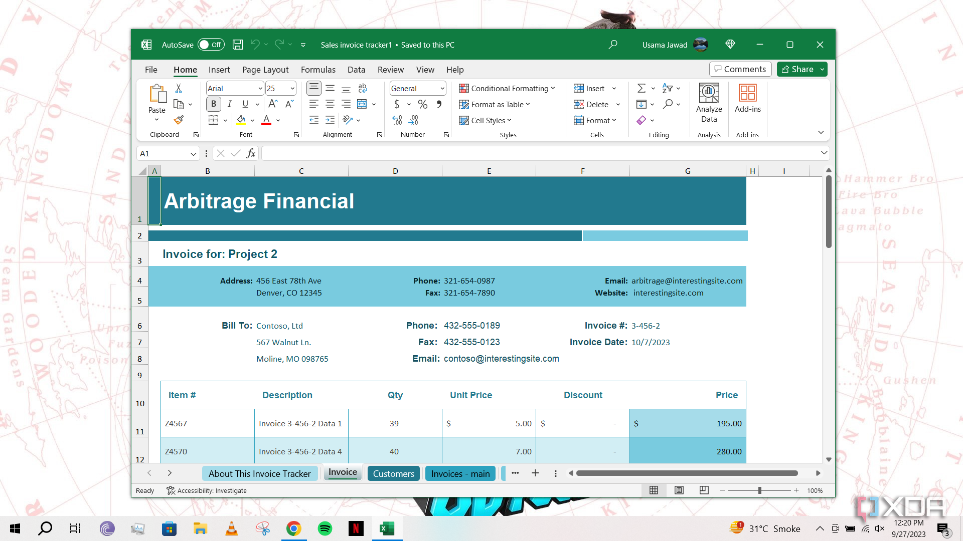 Excel for Windows open on desktop with sales invoice tracker template