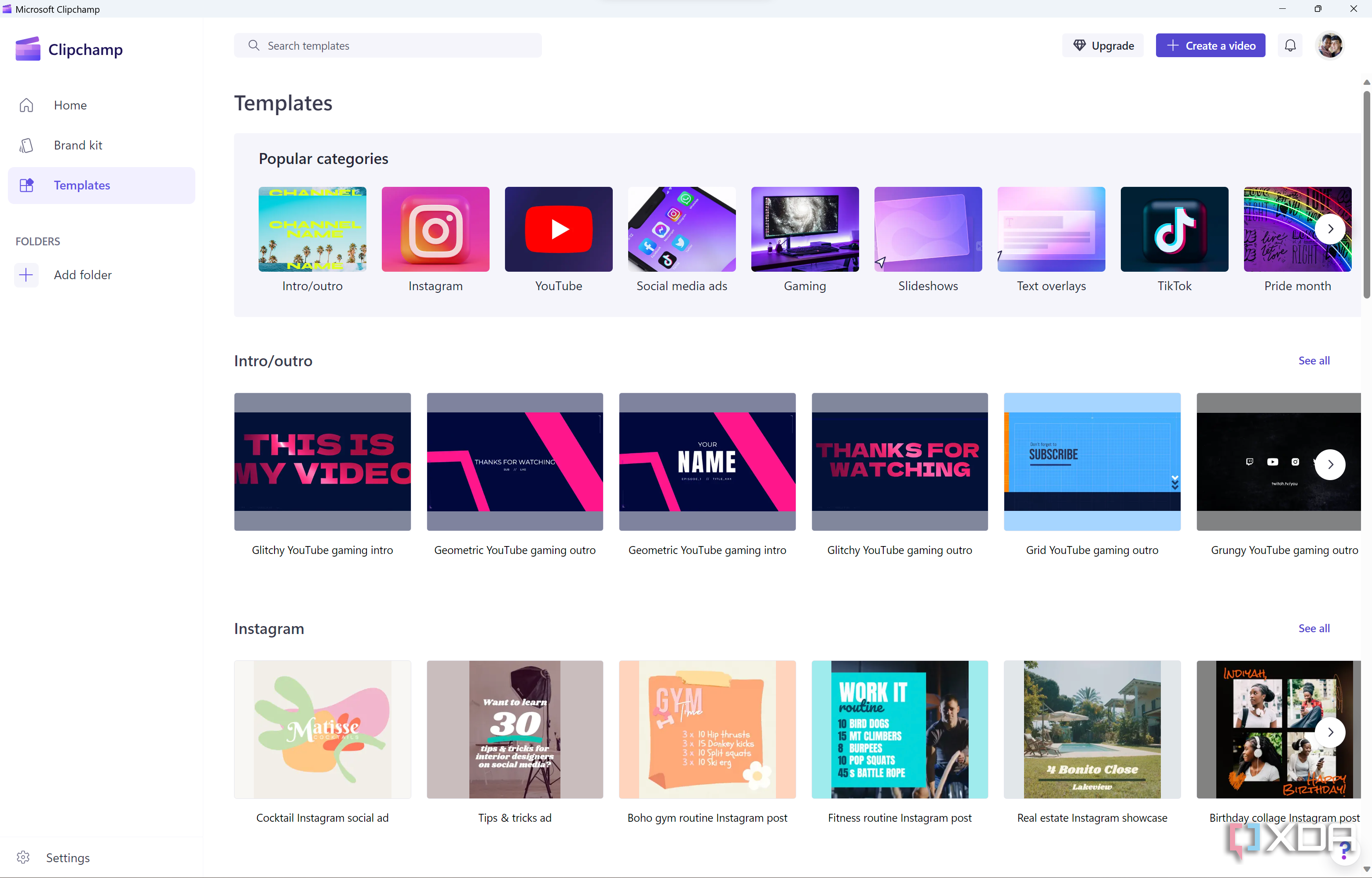 Screenshot of the templates page in Clipchamp