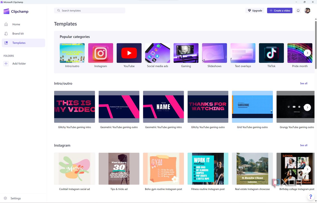 Screenshot of the templates page in Clipchamp