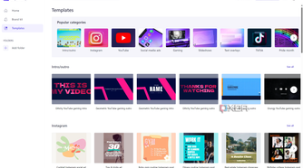 Screenshot of the templates page in Clipchamp