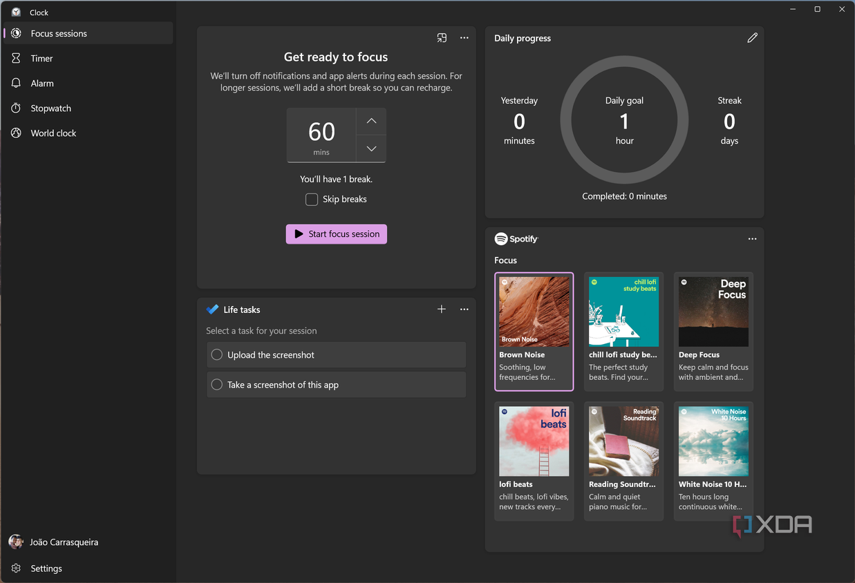 Screenshot of the Focus sessions page in the Windows 11 Clock app