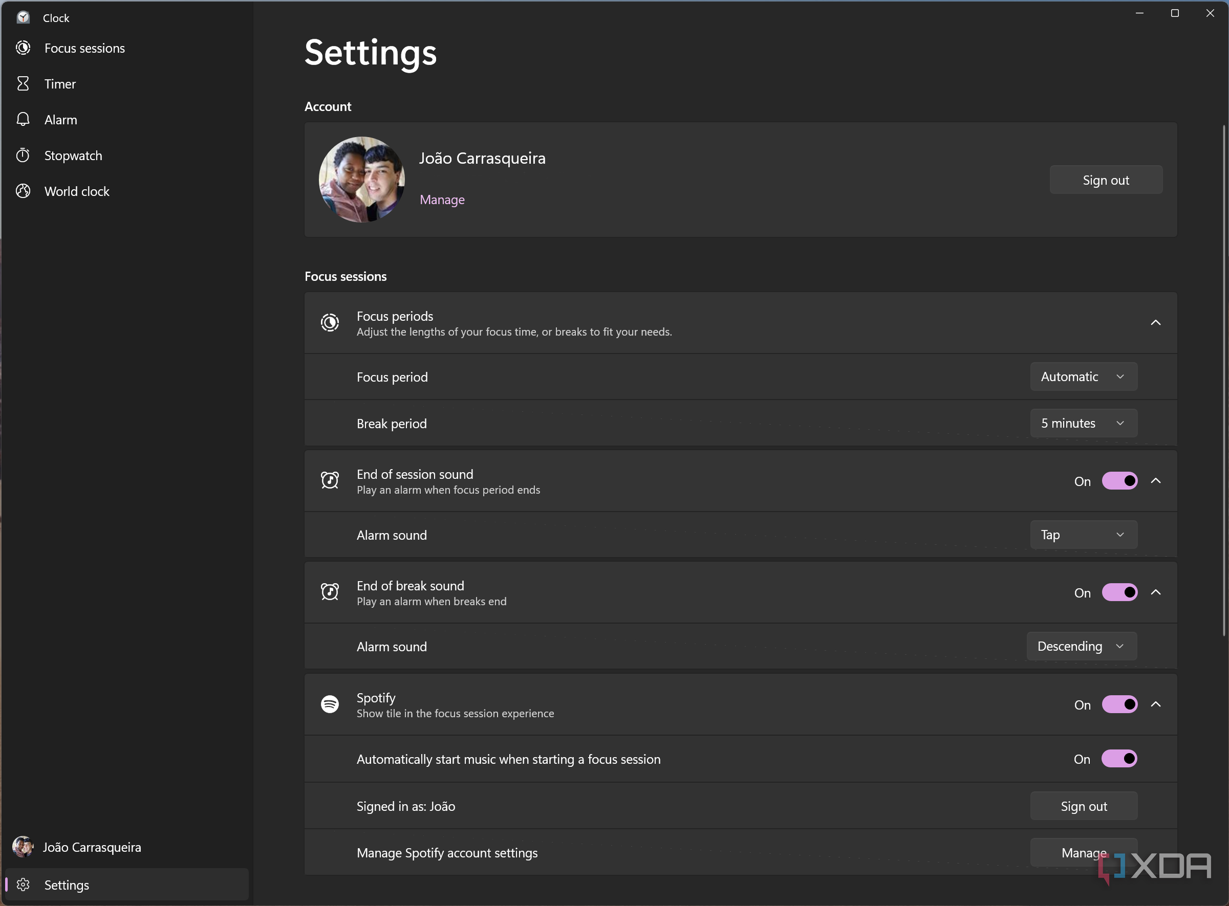 Screenshot of focus sessions settings in the Clock app