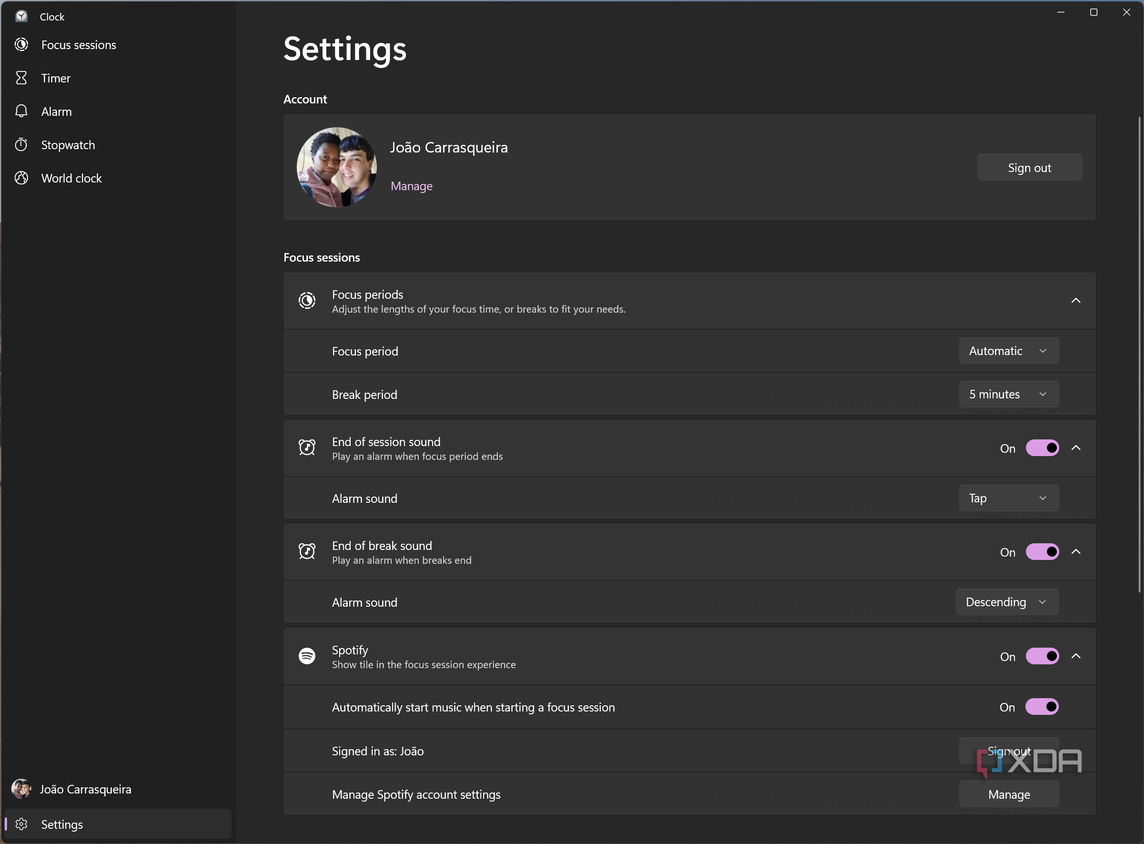 Screenshot of focus sessions settings in the Clock app