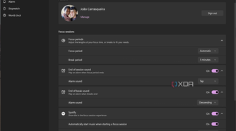 Screenshot of focus sessions settings in the Clock app