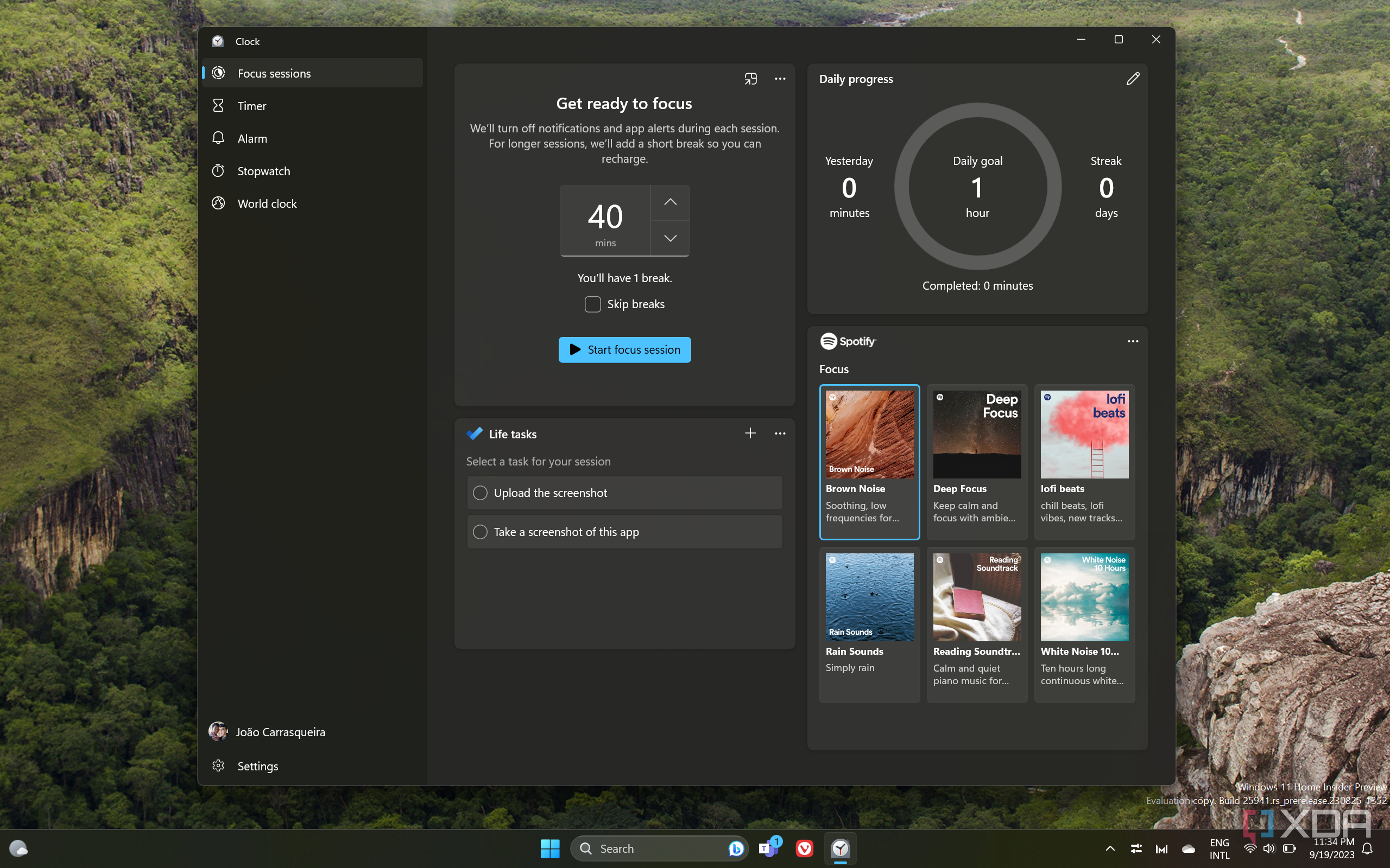 Screenshot of the Clock app showing the Focus Sessions screen