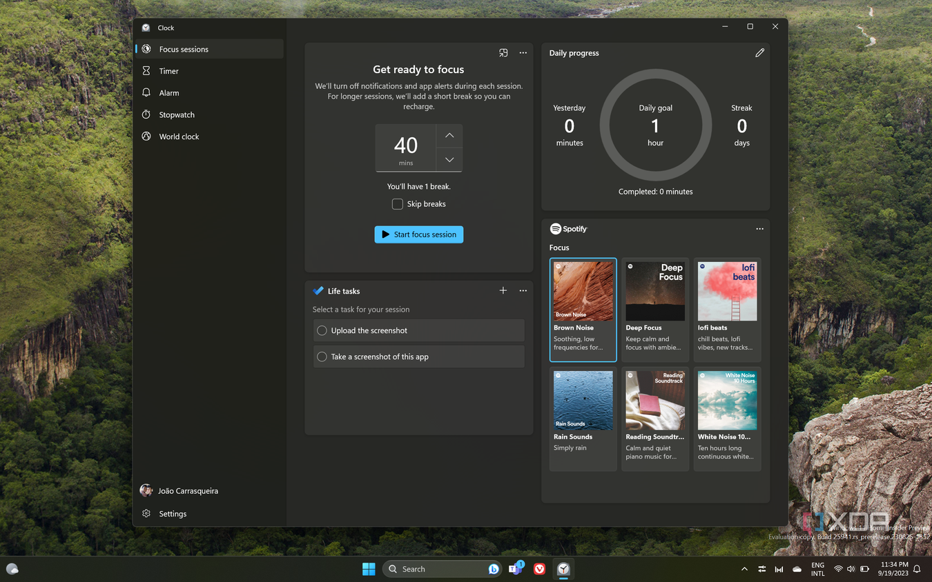 Screenshot of the Clock app showing the Focus Sessions screen