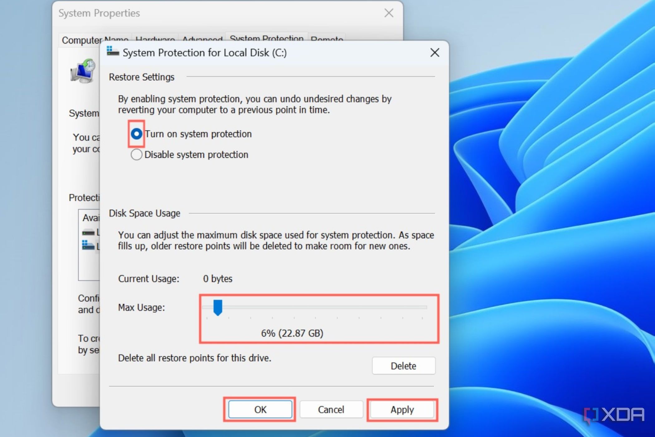 A screenshot highlighting all the options you should change to enable Restore Point creation.