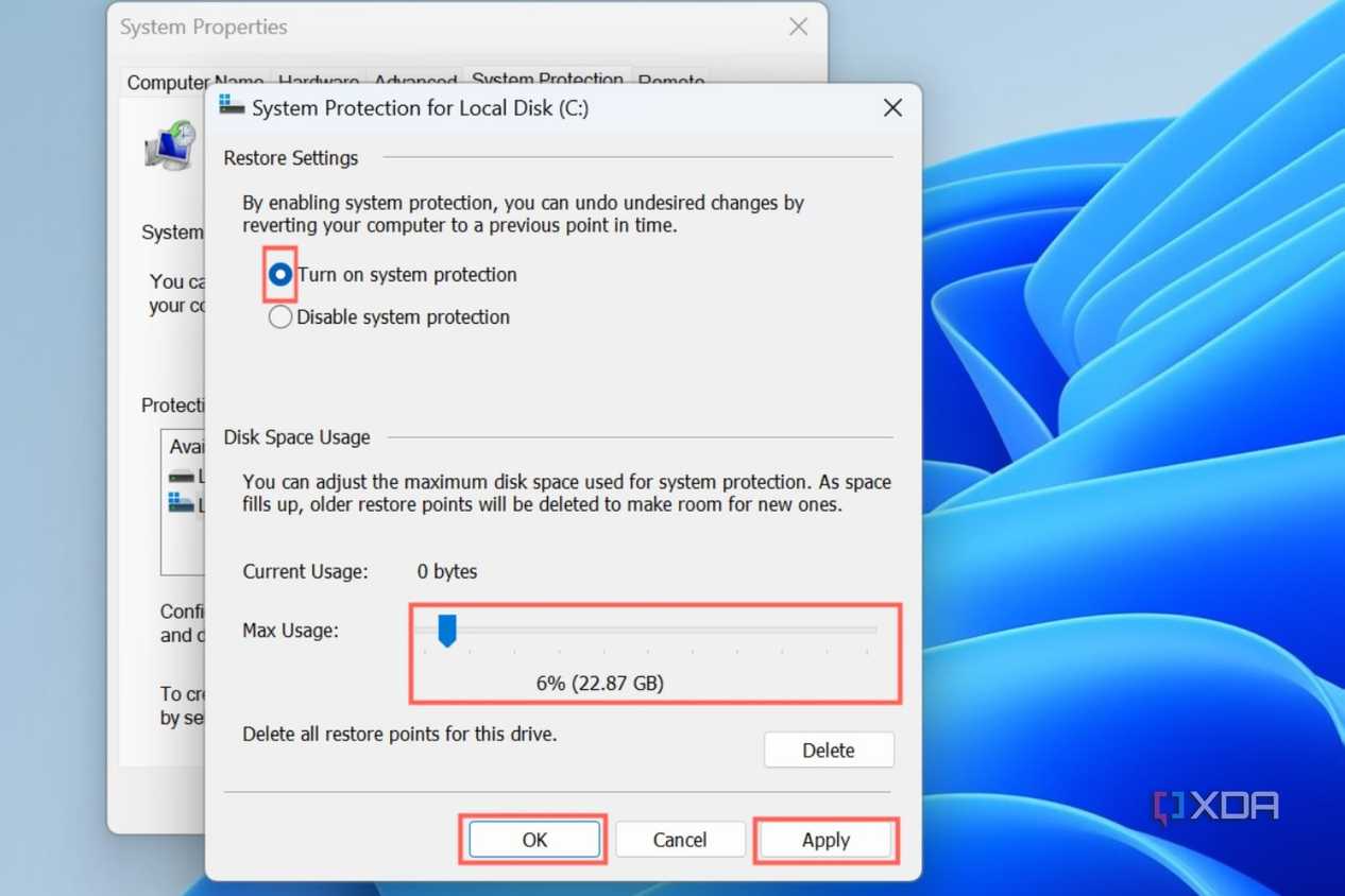 A screenshot highlighting all the options you should change to enable Restore Point creation.