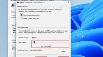 A screenshot highlighting all the options you should change to enable Restore Point creation.