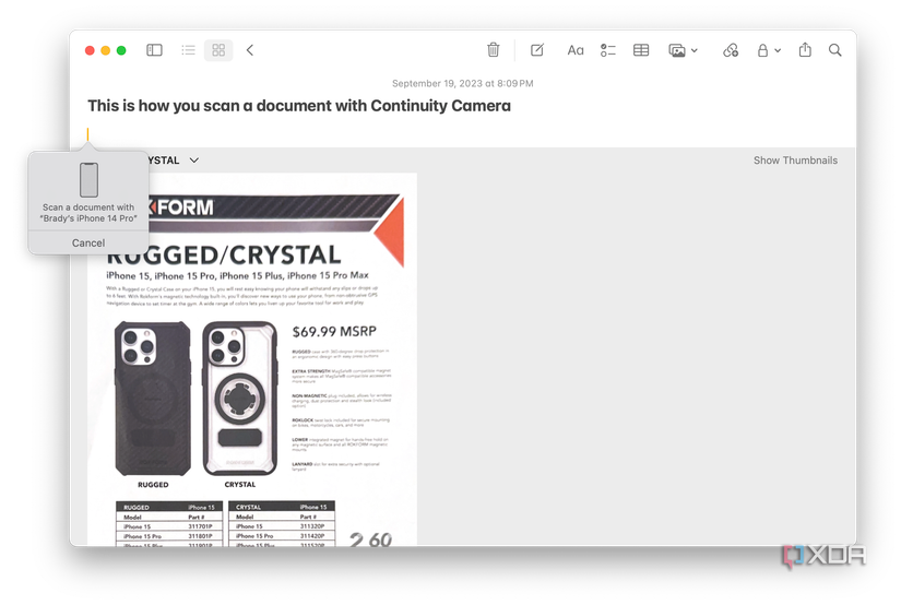 A document in Apple Notes uploaded with Continuity Cam.