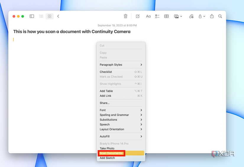 The scan documents button in the Apple Notes app.