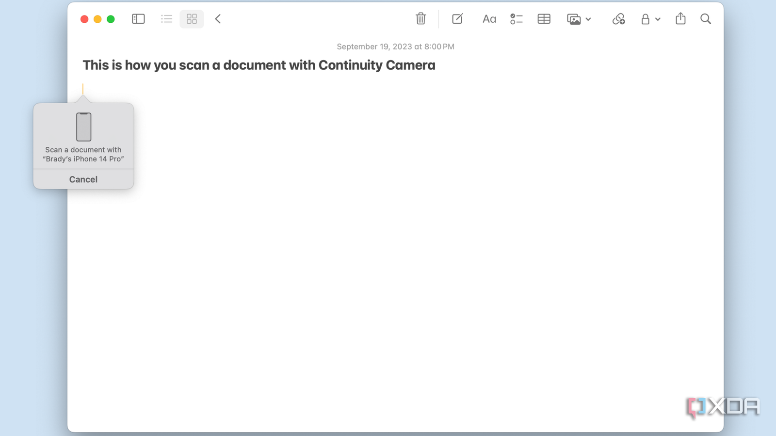A screenshot mockup showing the process for scanning a document with Continuity Camera.