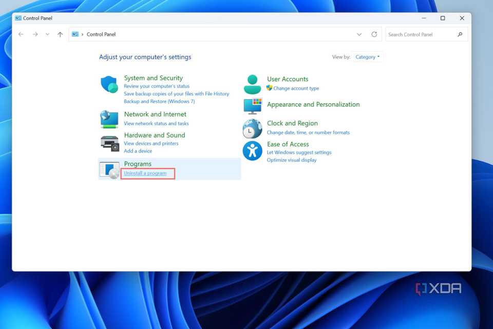 Choose the Uninstall a program option in Control Panel.