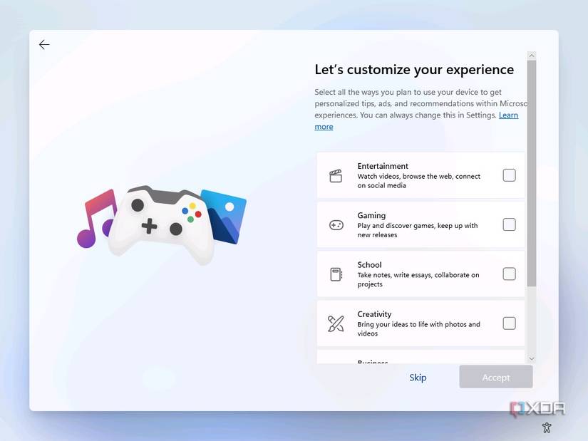 Screenshot of Windows 11 setup asking the user what the primary use for the PC will be