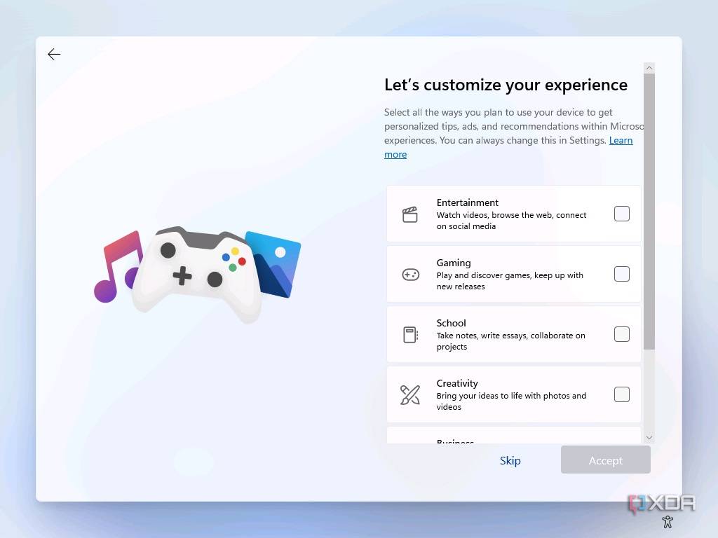 Screenshot of Windows 11 setup asking the user what the primary use for the PC will be
