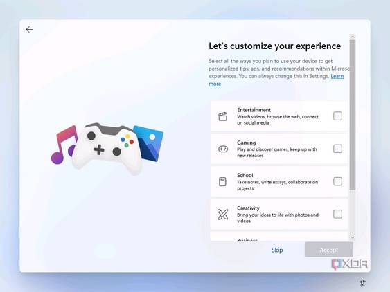 Screenshot of Windows 11 setup asking the user what the primary use for the PC will be