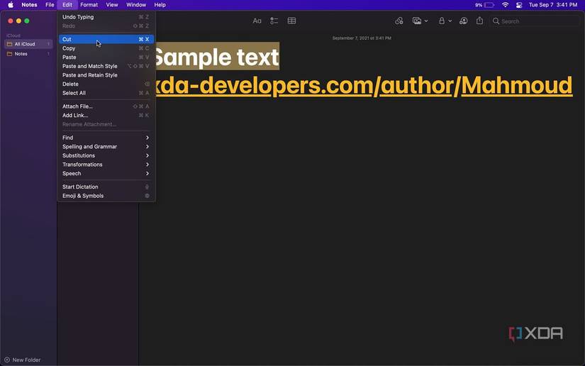 Cut from Menubar on macOS