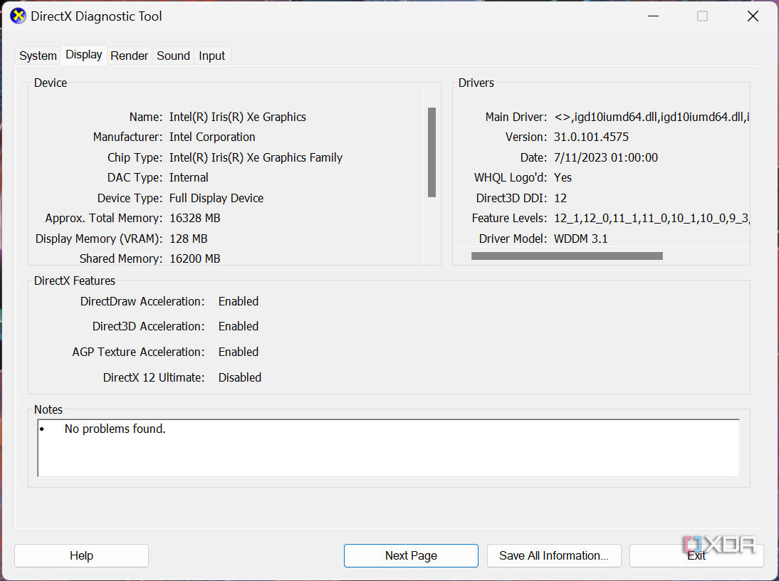 Screenshot of the DirectX Diagnostic Tool Display page showing information about integrated Intel graphics