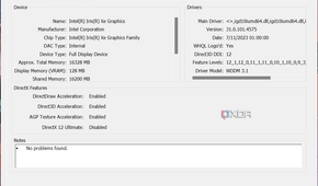 Screenshot of the DirectX Diagnostic Tool Display page showing information about integrated Intel graphics