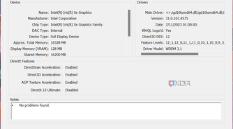 Screenshot of the DirectX Diagnostic Tool Display page showing information about integrated Intel graphics