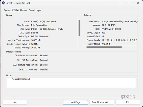 Screenshot of the DirectX Diagnostic Tool Display page showing information about integrated Intel graphics