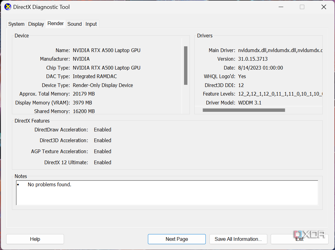 Screenshot of the DirectX Diagnostic Tool Render page showing information about an Nvidia RTX A500 GPU