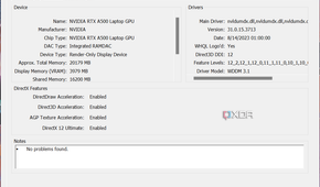 Screenshot of the DirectX Diagnostic Tool Render page showing information about an Nvidia RTX A500 GPU