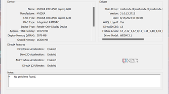 Screenshot of the DirectX Diagnostic Tool Render page showing information about an Nvidia RTX A500 GPU