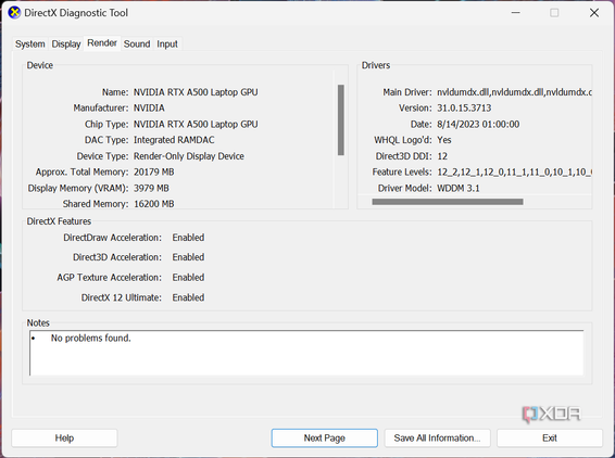 Screenshot of the DirectX Diagnostic Tool Render page showing information about an Nvidia RTX A500 GPU