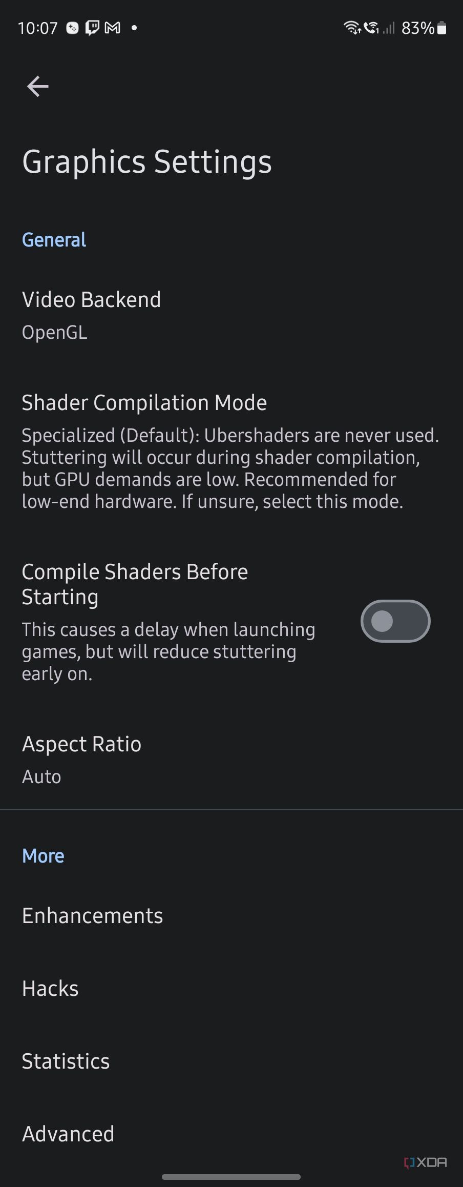 Graphics settings in Dolphin Emulator where you can set video backend, shader compilation mode, and access enhancements and hacks