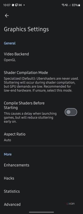 Graphics settings in Dolphin Emulator where you can set video backend, shader compilation mode, and access enhancements and hacks