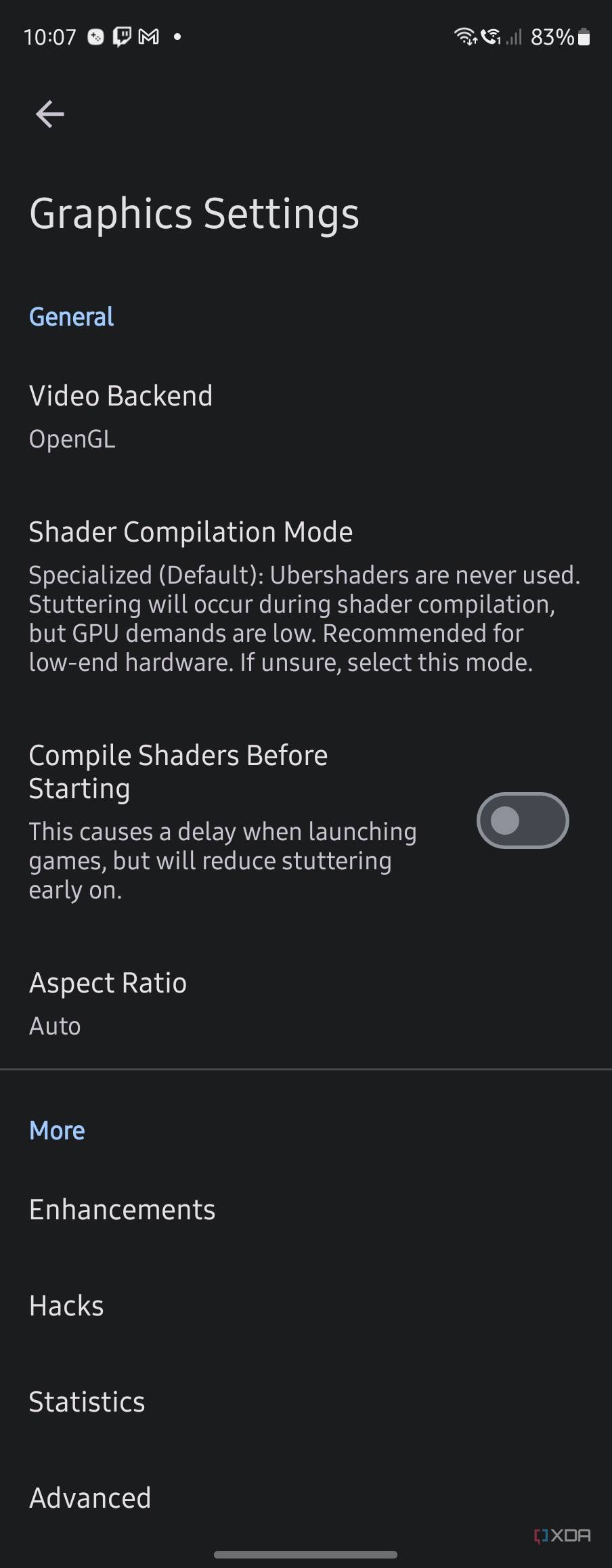 Graphics settings in Dolphin Emulator where you can set video backend, shader compilation mode, and access enhancements and hacks