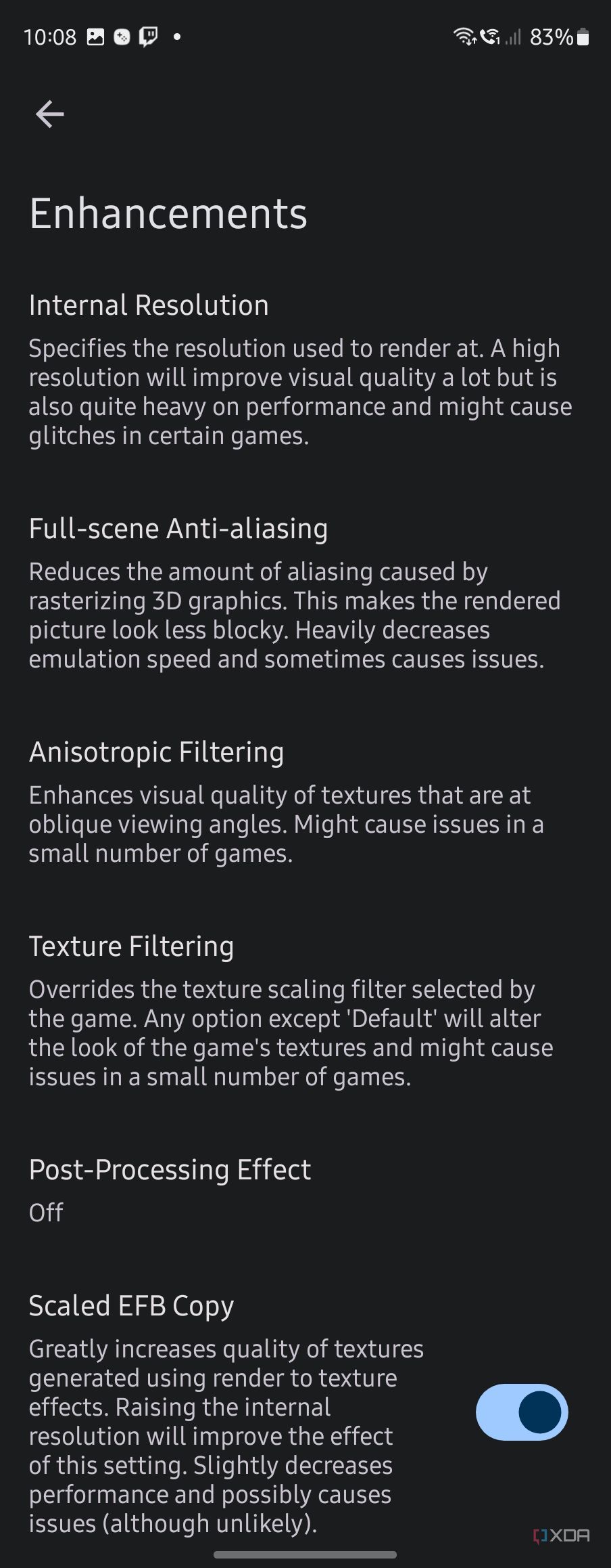 Enhancements option in Dolphin Emulator where you can access internal resolution, anti-aliasing, add post-processing effects, and more