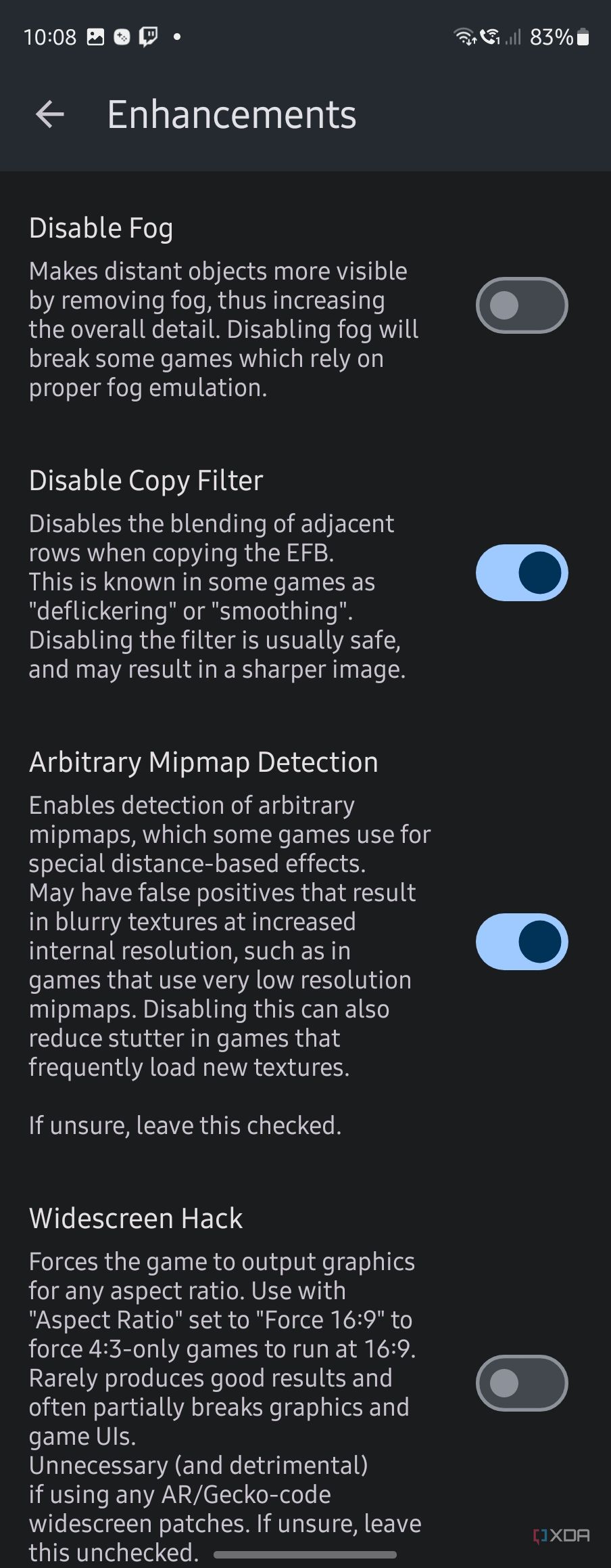 More enhancements in Dolphin Emulator, showing features like disable fog, disable copy filter, and adding a widescreen hack