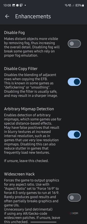 More enhancements in Dolphin Emulator, showing features like disable fog, disable copy filter, and adding a widescreen hack