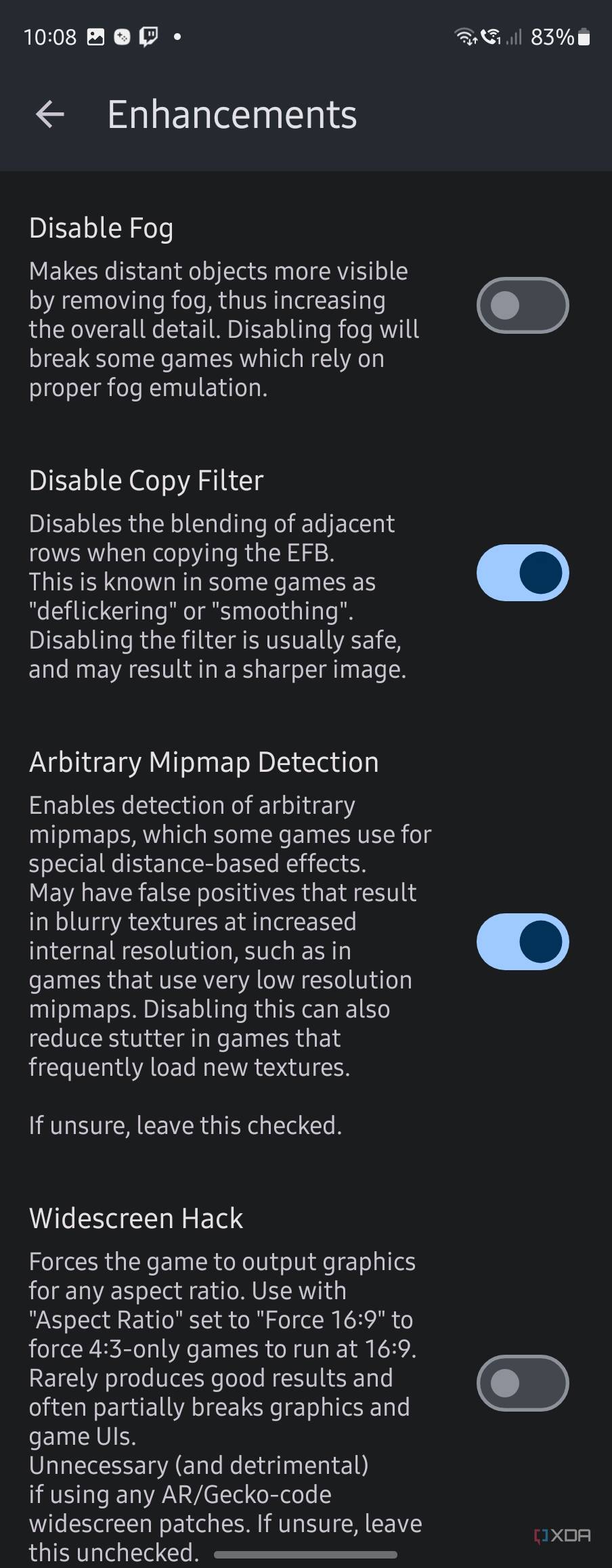 More enhancements in Dolphin Emulator, showing features like disable fog, disable copy filter, and adding a widescreen hack