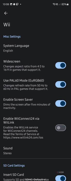 Generalised Wii settings in Dolphin Emulator where you can configure features like language, widescreen, and WiiConnect24