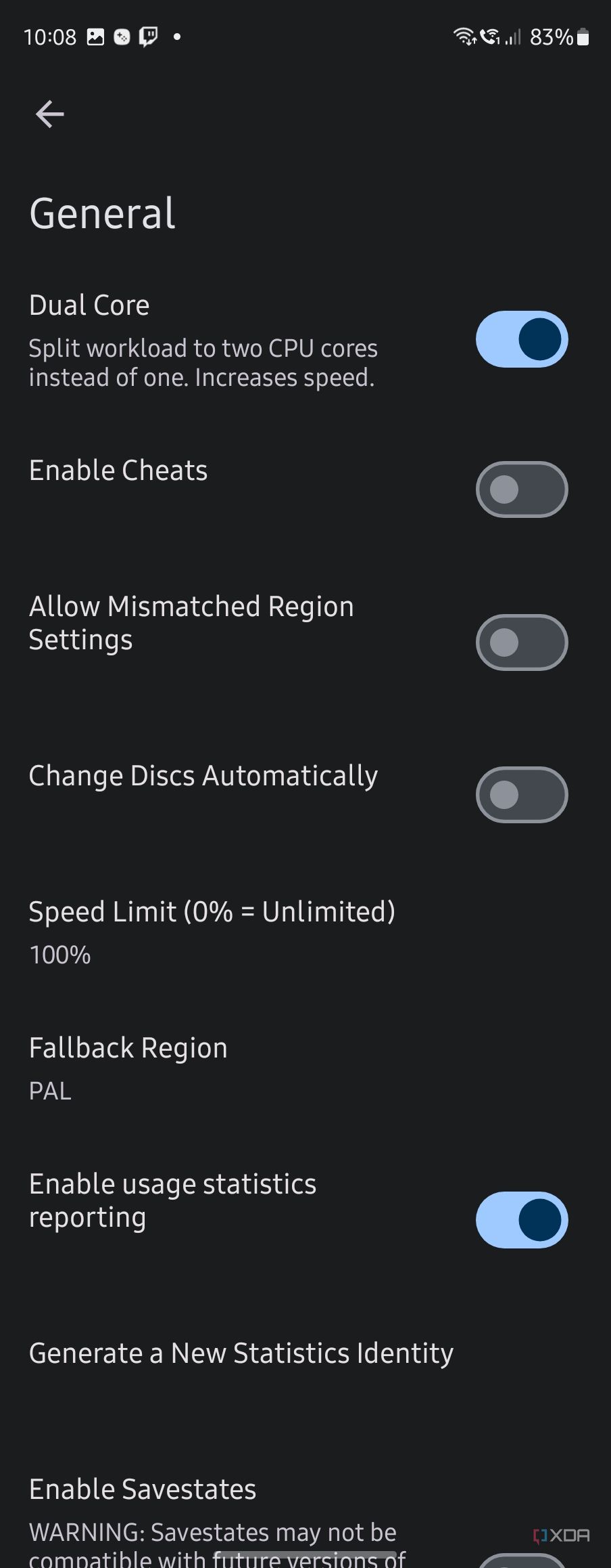 General features for Dolphin Emulator where you can configure cores being used, cheats, and multithreading