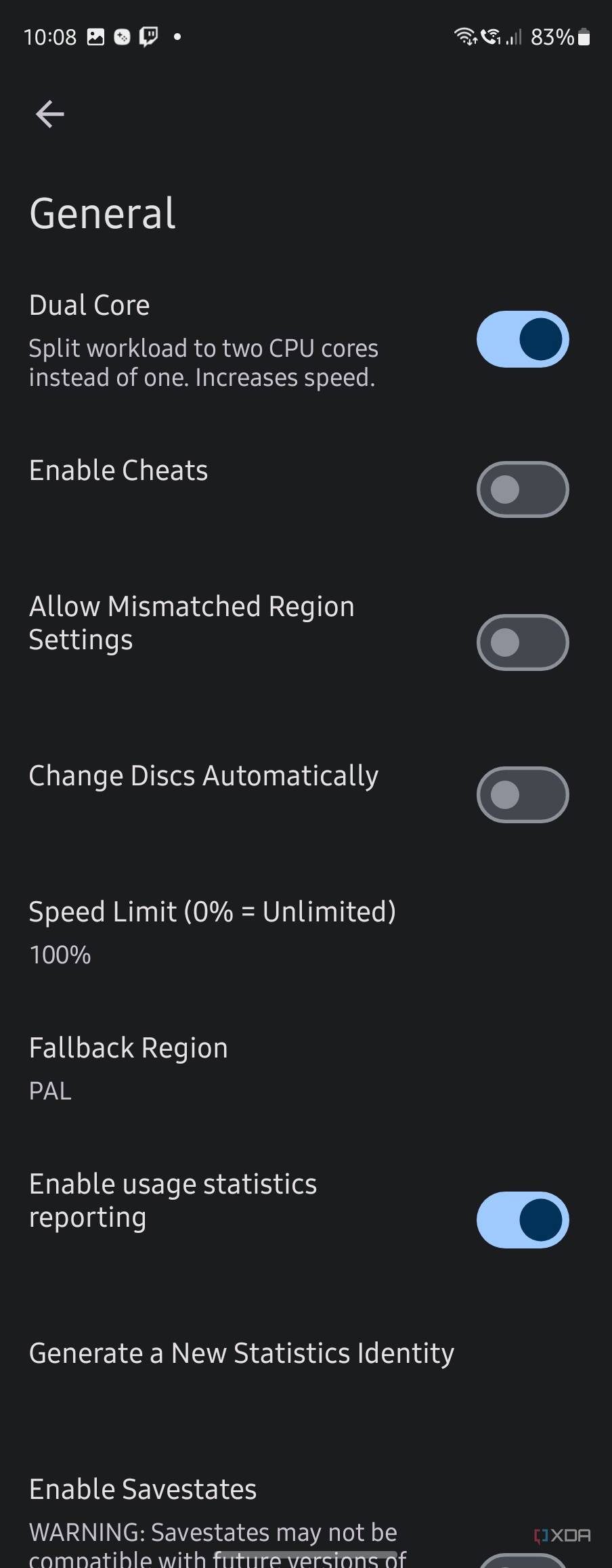 General features for Dolphin Emulator where you can configure cores being used, cheats, and multithreading