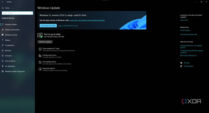 Screenshot of Windows Update in Windows 10 showing an update to Windows 11 version 22H2 is available