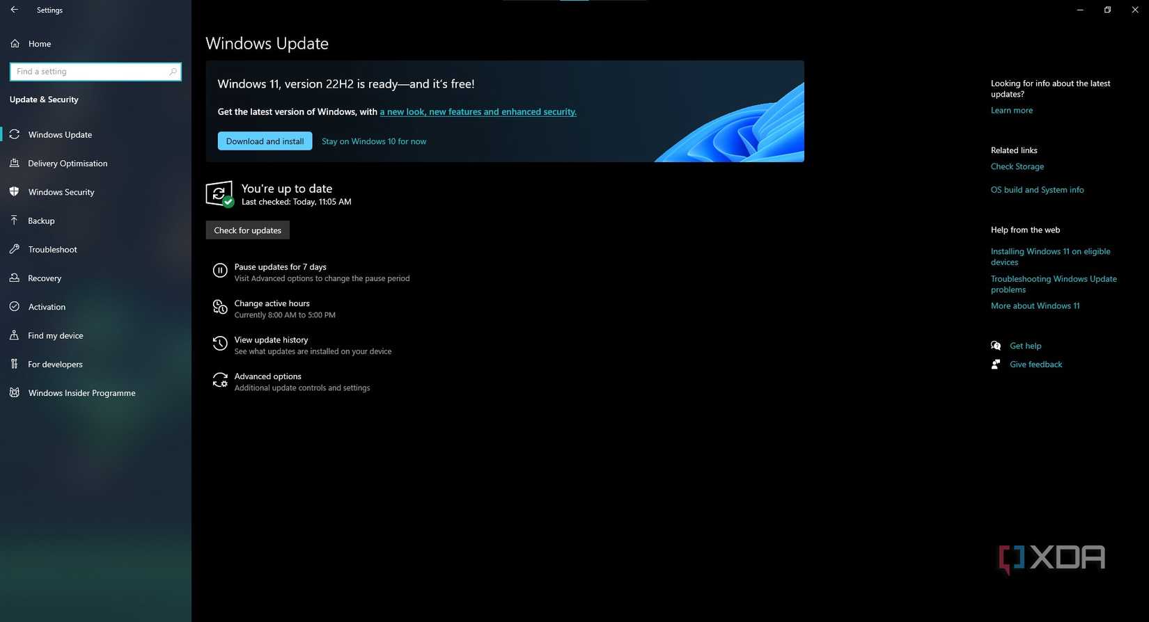 Screenshot of Windows Update in Windows 10 showing an update to Windows 11 version 22H2 is available