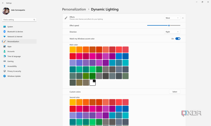 Screenshot of color effect settings for Dynamic Lighting in Windows 11