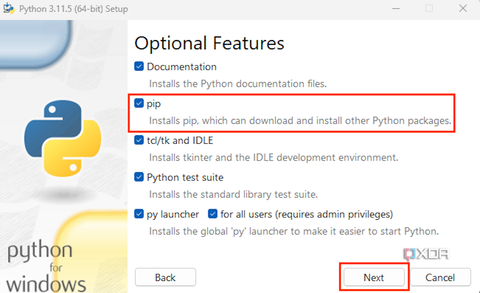 A screenshot highlighting the option to enable Pip while during Python setup.