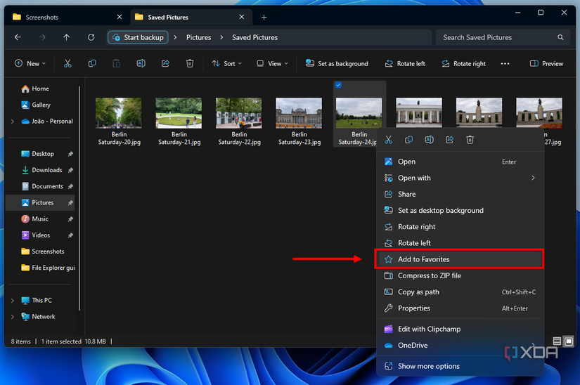 Screenshot of File Explorer in Windows 11 with the Add to Favorites button highlighted